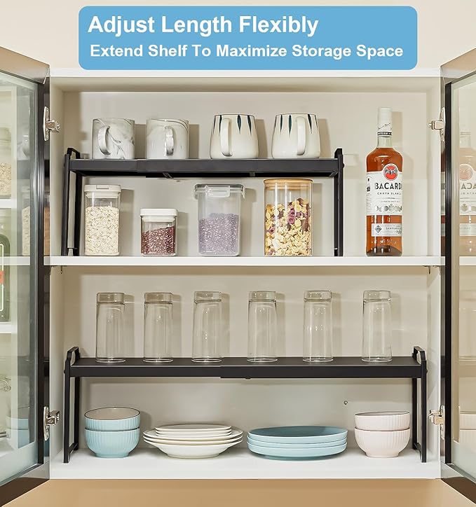 25.5 Inches 3 Pack Expandable Cabinet Shelves, Stackable Shelf Organizer for Kitchen Cabinet Countertop Storage, Adjustable Counter Cupboard Pantry Organizer Shelf Rack Stand Riser, Black