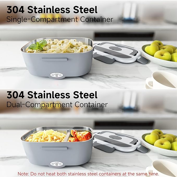 Heated Lunch Box for Men&Women - 80W Electric Lunch Box for Adults with Dual 1.5L 304 Stainless Steel Containers Fast Heating Portable Food Warmer for Car&Truck lonchera eléctrica portátil