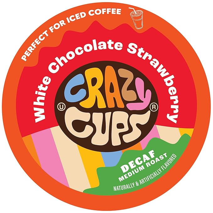 Crazy Cups Decaf Flavored Coffee Pods, Decaffeinated White Chocolate Straberry Flavored Coffee, Single Serve Hot or Iced Medium Roast Coffee for Keurig K Cups Machines, 22 Count