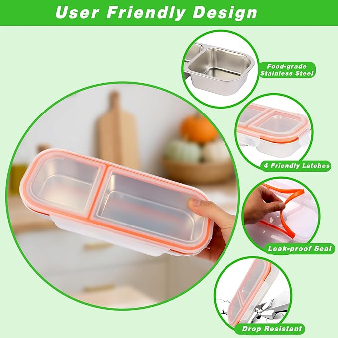 Stainless Steel Snackle Container For Adults, Reusable Bento Lunch Box Snack Containers, 2 Compartment Divided Food For Home Work Travel