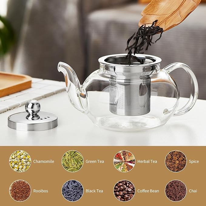 Glass Teapot Stovpetop Safe,20 oz/ 600 ml Stove Top & Microwave Safe Small Borosilicate Glass Kettle with Loose Leaf Tea Strainer For Flower Blooming Tea, Clear