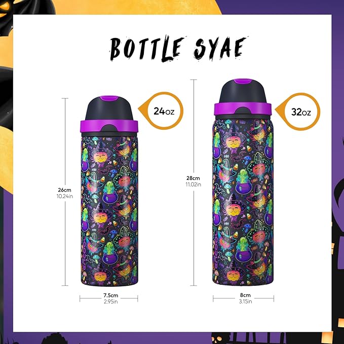 Halloween Insulated Water Bottle with Straw - Stainless Steel Water Bottle with Push Button Lid, Leak-Proof BPA-Free, Keeps Cold for 24 Hours for Halloween gifts, Party (24 oz, Meowgic Night)