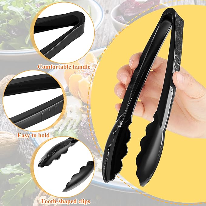 Tessco 50 Pcs Plastic Tongs for Serving Bulk, 9 Inch Plastic Disposable Serving Tongs Heavy Duty Salad Utensils for Kitchen Buffets BBQ Events Catering (Black)