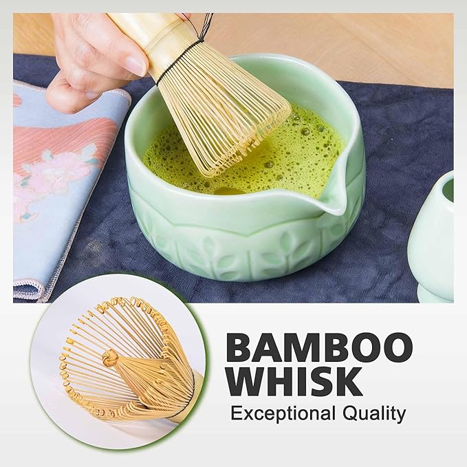 Matcha Whisk Bowl Set, 7PCS All-in-One Japanese Tea Set Includes Matcha Bowl with Spout, Bamboo Whisk (Chasen) with Stand, Scoop, Sifter, Complete Kit for Ceremony, Gift for Matcha Tea Lovers（Green)