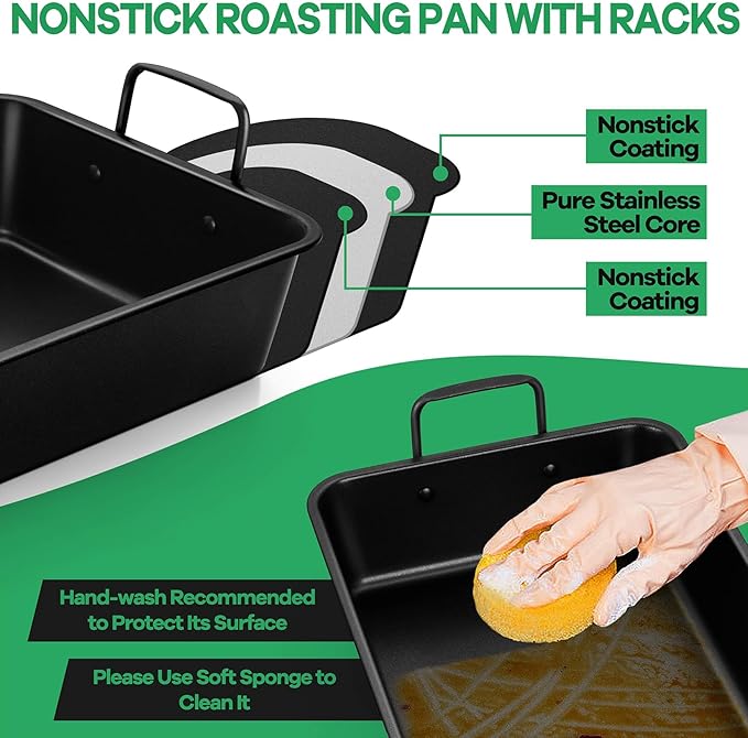 P&P CHEF 14" Roaster Roasting Pan with Baking Rack and V-shaped Rack, Stainless Steel Rectangular Lasagna Pan with Handles for Turkey Chicken, Healthy & Dishwasher Safe, 3 Pieces, Black