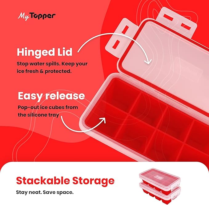 IceTopper Ice Cube Tray with 2 Attached Lids - Easy Release Ice Cube Molds, 14 Cubes per Tray, Stackable & Dishwasher Safe, 100% Food Grade, BPA Free & Recyclable (XL, 1 Pack)