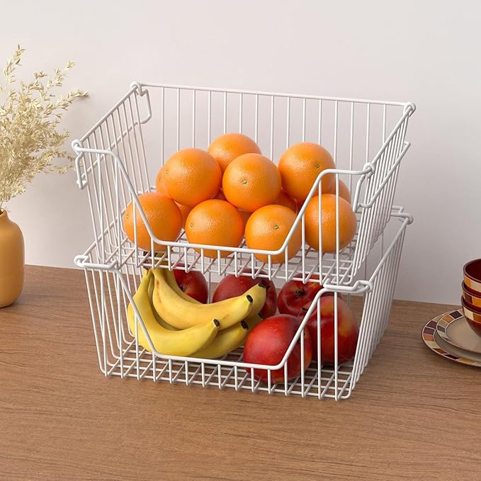 SANNO Large Stackable Wire Baskets Stacking Bins for Vegetable Storage Pantry, Fridge, and Bathroom Organization,3 pack, White