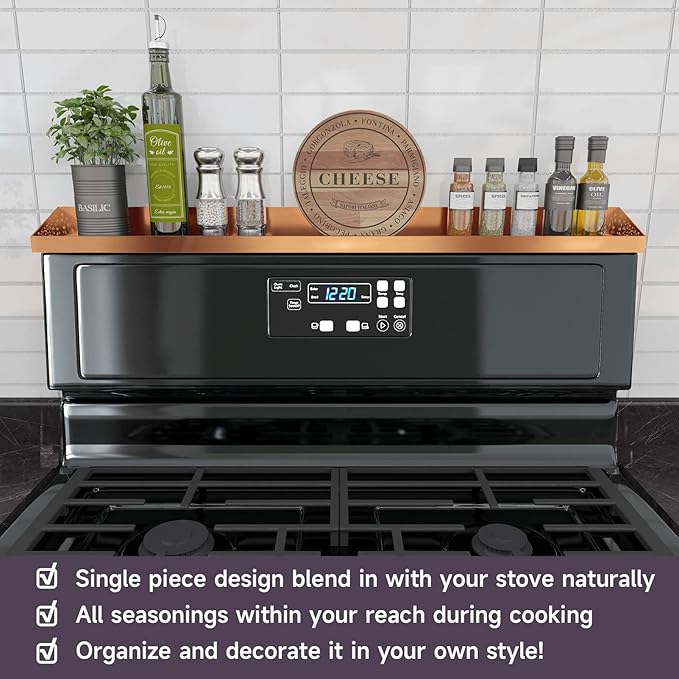 30" Magnetic Stove Top Shelf – Brushed Copper Spice Rack and Seasoning Organizer – Kitchen Shelf for Back of Stove – Over Stove Rack and Storage Organizer