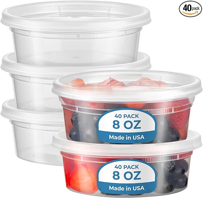 Fit Meal Prep 40 Pack 8 oz Deli Containers with Lids Variety Pack, US Made Leakproof Assorted Plastic Soup Containers, Combo Clear Food Storage Containers with Lids, Microwave Freezer Safe
