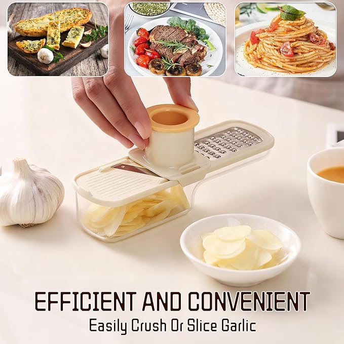 Mini Garlic Slicer Multi-Functional Mandoline Slicer Veggie Garlic Ginger Grinder Vegetable Mandoline Cutter Veggie Shredder with Container (White)