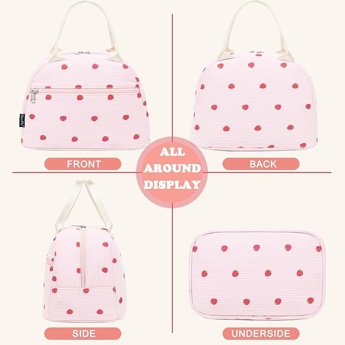 FlowFly Insulated Lunch Bag for Women – Corduroy Lunch Tote Box, Cute Cooler Bag for Work, Travel, Picnic,Corduroy Strawberries Pink