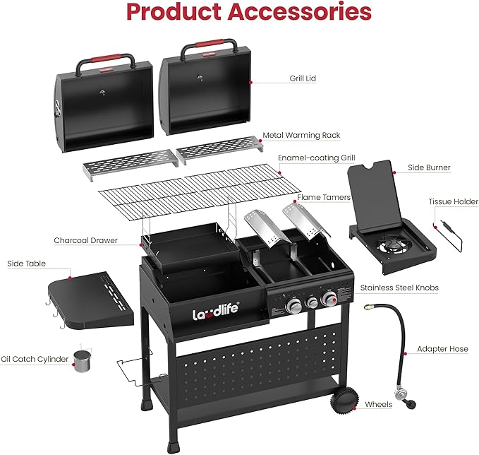 Charcoal Gas Grill Combo with Side Burner, 30,000 BTU Propane BBQ Grill, 748 SQ.IN Cooking Space, Non-Stick Porcelain Enamel Grates, Heavy-Duty Stand for Backyard Outdoor Barbecue