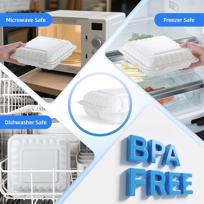 YANGRUI To Go Food Containers, Reusable 150 Pack 8 Inch 34 OZ MFPP Meal Prep Container BPA Free Microwave Freezer Safe Plastic Hinged White Clamshell Take Out Food Boxes