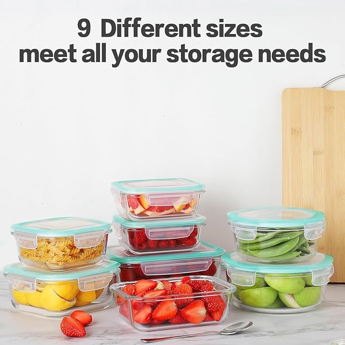 HOMBERKING 24pc Glass Food Storage Containers with Lids, Glass Meal Prep Containers, Airtight Bento Boxes, BPA Free & Leak Proof, Pantry Kitchen Storage(12 lids & 12 Containers) - Blue