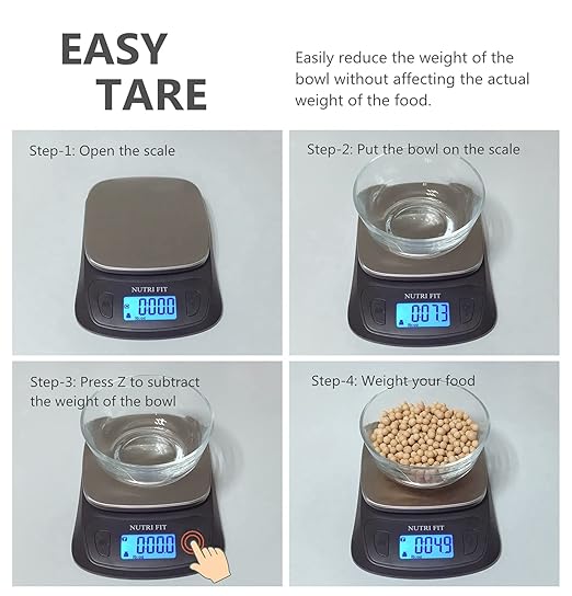 NUTRI FIT Ultra Slim Kitchen Scale Digital Food Weight Scale for Baking Cooking in Grams and Ounces Tare & Backlit LCD Display 11lb 5kg Capacity- Black/Stainless Steel