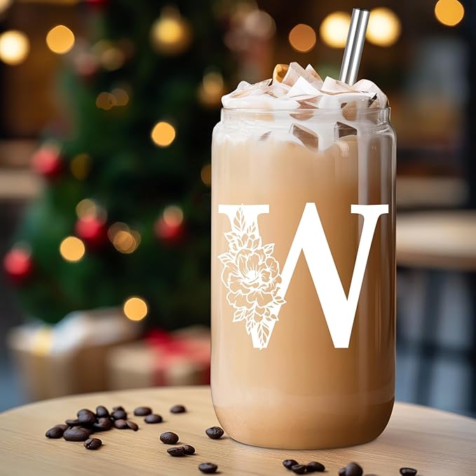 Coolife Initial Glass Cup, Monogrammed Gifts for Women, 16 oz Glass Cups w/Lids Straws, Iced Coffee Smoothie Beer Tumbler w/Straw Lid - Personalized Christmas, Birthday Gifts for Her Mom Friend Woman