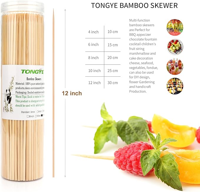 [200 PCS] 12 inch Bamboo Skewers, Premium Wooden Skewers Without Splinters, Skewers for Grilling, BBQ, Appetizer, Fruit Kabobs, Chocolate Fountain, Cocktail Toothpicks, and Food Skewer Sticks.