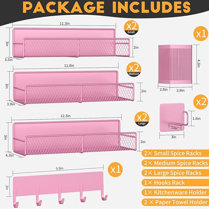 Magnetic Spice Rack for Refrigerator, 10 Pack 100% Metal Strong Magnet Shelf, Space Saving Spice Organizer W/ Hooks, Movable Magnetic Fridge Shelf, Kitchen Home Laundry Room Storage Organization, Pink