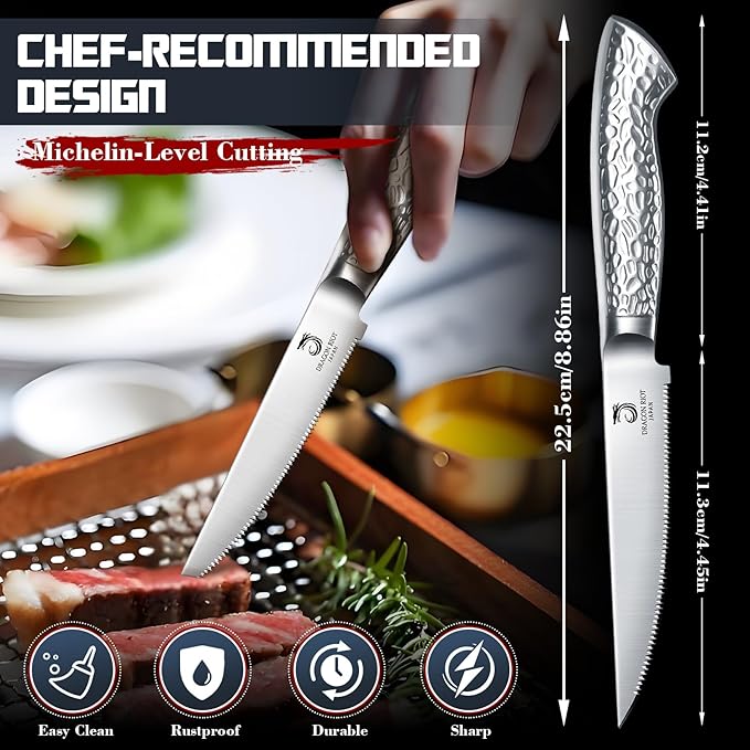DRAGON RIOT Steak Knives Set of 6 Serrated Edge Steak Knife Set Japanese Stainless Steel Dinner Knife Diswasher Safe Steak Knives with Gift Box