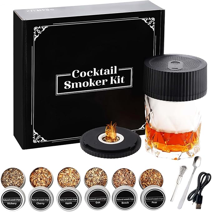 Electric Whiskey Smoker Kit Rechargeable Cocktail Smoker with 6 Wood Chips, No Butane Needed, Mens Gift for Whiskey Lovers, Old Fashioned Smoker Kit for Men, Bourbon Smoker Kit