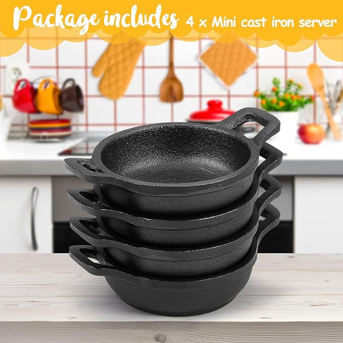 4 Pcs Small Cast Iron Skillets Set - Mini 4 x 1.2 Inches Skillet Ramekins With Handle - Black Serving Dishes Round Pan Oven Safe Cookware for Kitchen Picnic