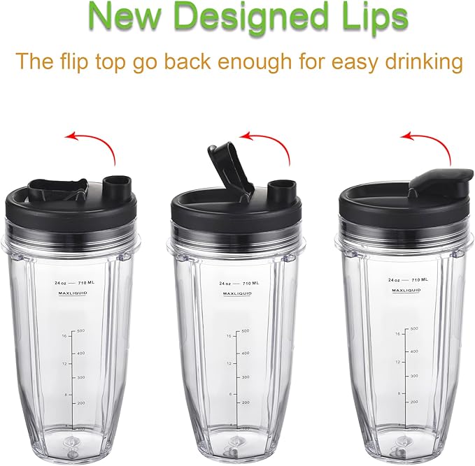 Replacement 24oz Cups for Nutri Ninja Blenders, Blender Replacement Parts with Upgraded Lid for BL450 BL454 BL480 BL482 BL640 BL642 BL682 BN801 SS101 SS351 SS401, Ninja Blender Auto IQ Blade, 2 Packs