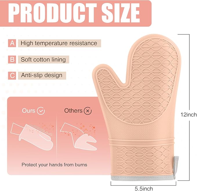 Silicone Oven Mitts, Heat Resistant 2PCS Oven Mitts with Soft Cotton Lining, Waterproof Non-Slip Grip Oven Glove, Kitchen Potholder Mits for BBQ, Baking, Cooking, 12.5 Inch - Pink
