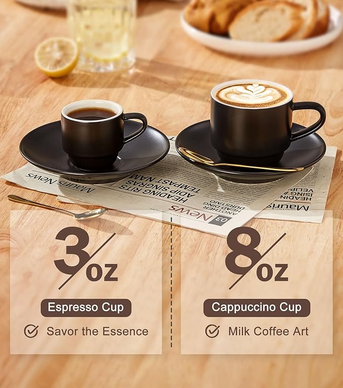 Lareina 8 Ounce Porcelain Cappuccino Cups Set of 4, Stackable Coffee Cups with Saucers, Spoons and Metal Stand -for Specialty Coffee Drinks, Cappuccino, Latte, Americano and Tea, Black