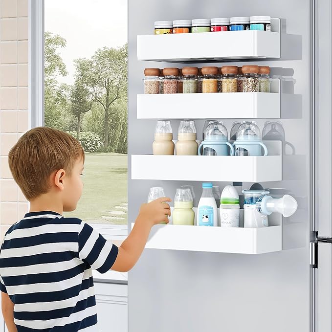 Magnetic Spice Rack for Refrigerator, Kitchen Organizer and Storage Shelf, White (4 Pack)…