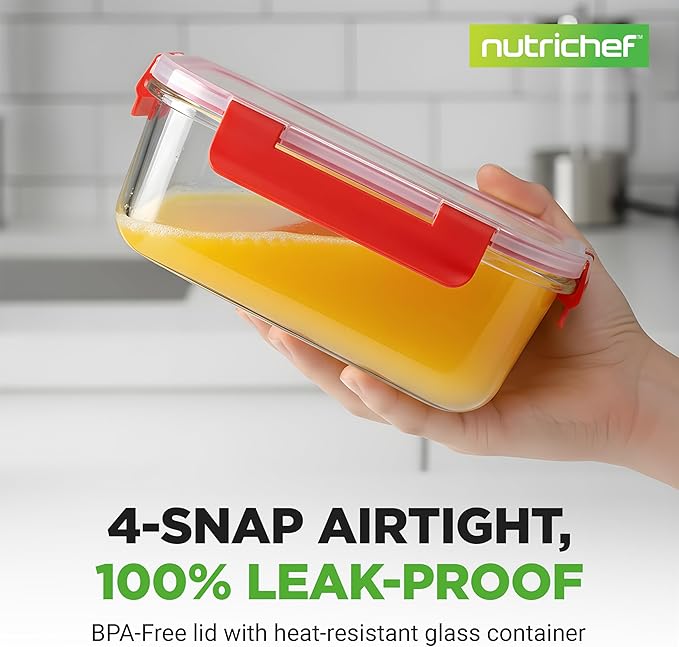 NutriChef 24 Piece Glass Food Storage Containers with Lids - Airtight Glass Meal Prep Containers, Bento Lunch Boxes, Hinged Lock Lid, For Meal Prep, Kitchen Storage, Freezer (12 Containers & 12 lids)