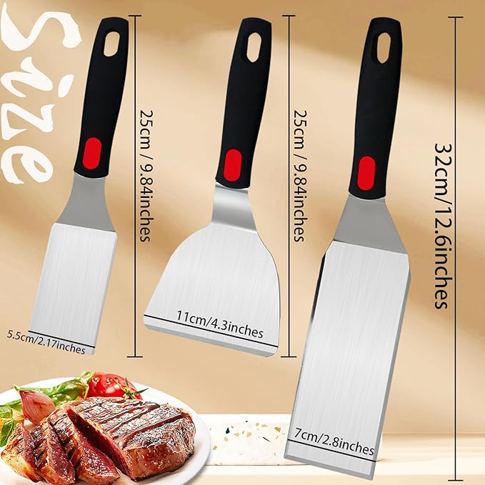 6-Pieces Silicone Spatula Turner Metal Stainless Steel Spatulas Set, Food-Grade 600°F Heat-Resistant Tools for Grilling, Burgers, Omelets and Pancakes with Non-Slip Handles