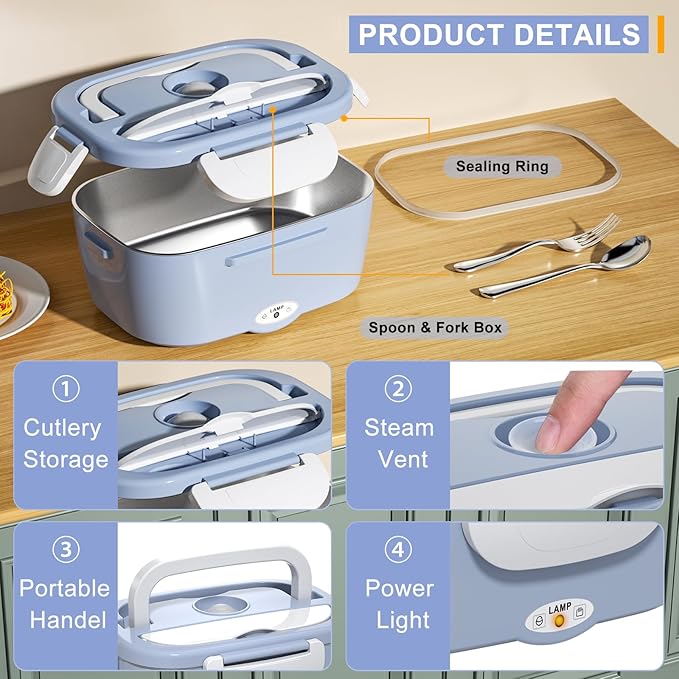Monteka Electric Lunch Box Food Heater - Leakproof Portable Food Warmer heated lunch box for adults for Car/Home/Truck with 1.5L Removable Stainless Steel Container, 60W, 12V/24V/110V, White