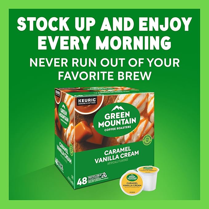 Green Mountain Coffee Roasters Caramel Vanilla Cream, Single-Serve Keurig K-Cup Pods, Flavored Light Roast Coffee Pods, 48 Count