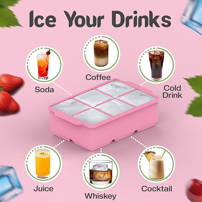 KitchFort Large Silicone Ice Cube Tray (3-Pack), Easy Release 2" Big Ice Cubes - Cocktail, Whiskey Ice Cubes Mold - Ice Trays for Freezer with Lid - Stackable Silicone Ice Tray - Pink