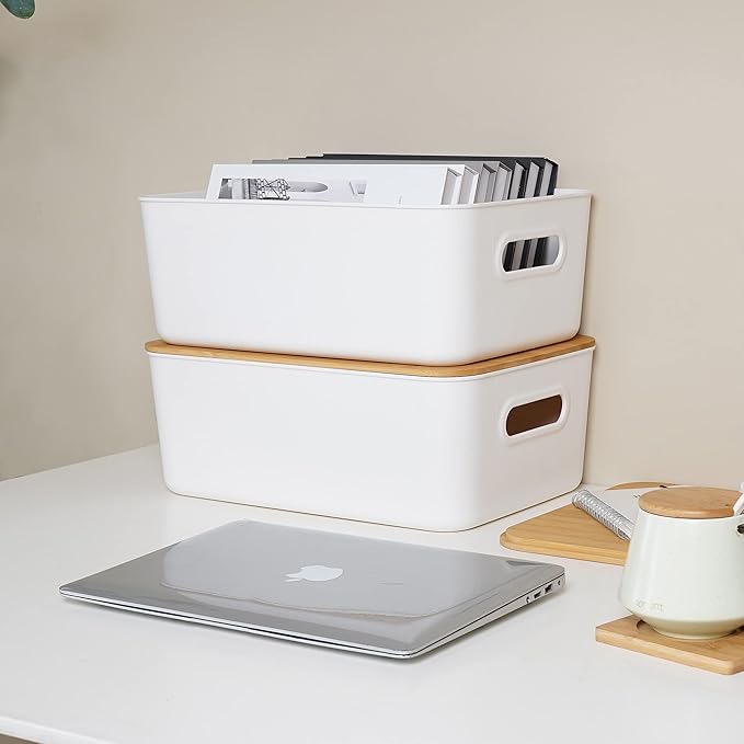Citylife 4 PCS Storage Bins with Lids Plastic Storage Containers for Organizing Stackable Storage Box with Handle, 15.16 x 10.79 x 5.83 inch (White, 4 PCS-Large)