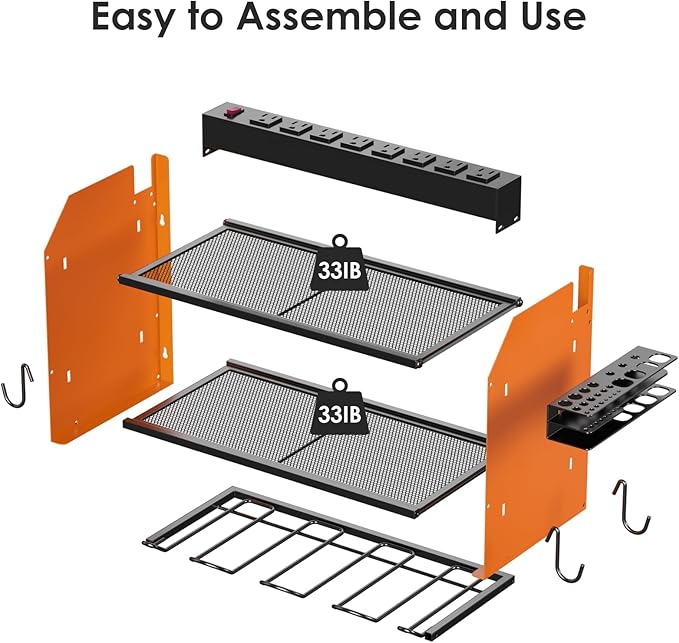 CCCEI Modular Power Tool Organizer Wall Mount with Charging Station. Garage Drill Storage Shelf with Hooks, Heavy Duty Rack, Tool Battery Holder Built in 8 Outlet. Gift for Men. Orange, 2 Pack.