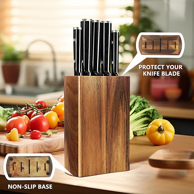 Knife Set,6-Piece Kitchen Knife for Home Use, Sharp Knife Set with Natural Acacia Wood Knife Block, Germen Steel Wood Handle Kitchen Knife Block Set, Ergonomical Design ((Ink-black))