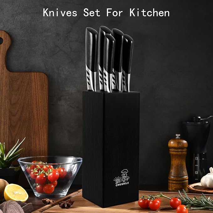 knife set.7piece kitchen knives block set with sharpener.Premium Stainless Steel Cooking Knife Set for Chef,Hardwood Kitchen black Knife Set .Dishwasher Safe Knives Sets for Kitchen.