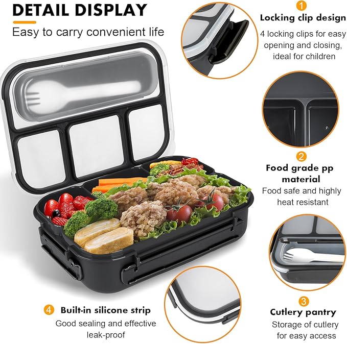 Bento Box Adult Lunch Containers, 5 Cup Box with 4 Compartments &Spork &Sauce Box, Leak-Proof, Microwave/Dishwasher Safe(Black)