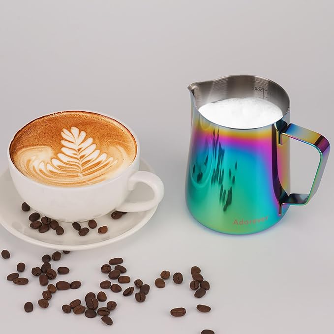 Milk Frothing Pitcher Colorful 600ml (20oz) Steaming Pitchers Stainless Steel Milk Coffee Cappuccino Latte Art Barista Steam Pitchers Milk Jug Cup with Decorating Art Pen
