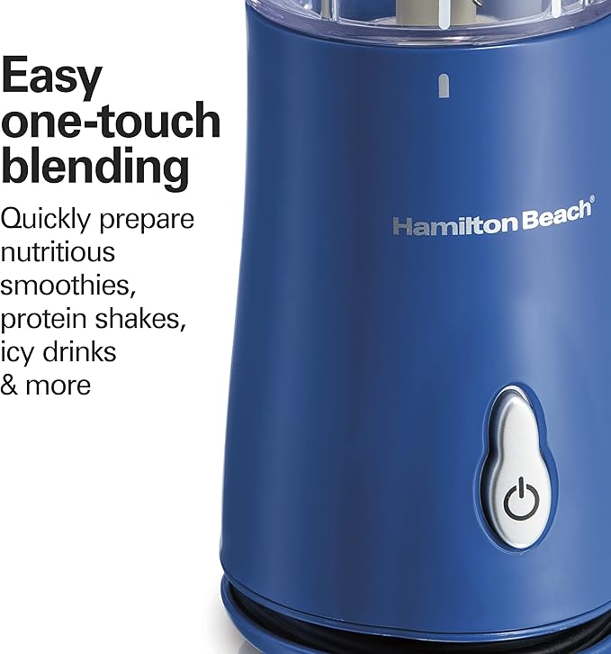 Hamilton Beach Portable Blender for Shakes and Smoothies, 14 Oz BPA Free Travel Cup & Lid, Durable Stainless Steel Blades, Personal Smoothie Blender, Blue, 51132G