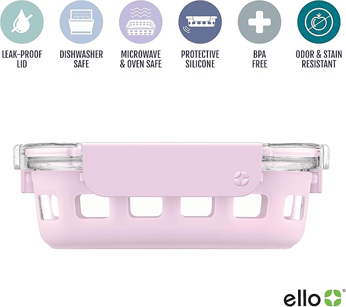 Ello Duraglass Meal Prep Container, 1.75 cup- Glass Food Storage Container with Silicone Sleeve and Airtight BPA-Free Plastic Lid, Dishwasher, Microwave, and Freezer Safe, Cashmere Pink