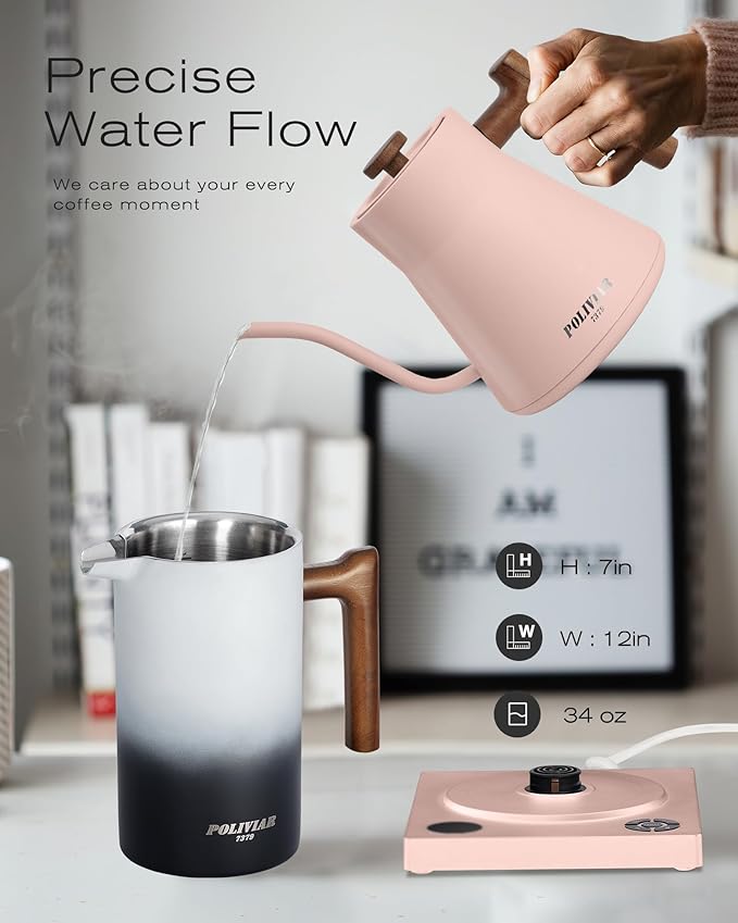 POLIVIAR Electric Gooseneck Kettle, 1200W Electric Tea Kettle Real Wood Handle, 34oz Pour Over Electric Kettle for Coffee & Tea, 18/8 Stainless Steel Inner, Temperature Control & Rapid Heating