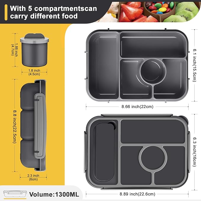 Bento Box Adult Lunch Box Kids,Lunch Containers for Adults/Kids/Toddler,5 Compartments Bento Lunch Box with Sauce Vontainers,Microwave & Dishwasher & Freezer Safe,BPA-Free (Dark Gray)