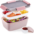 Caperci Large Salad Lunch Container - Adult Bento Lunch Box with 68 oz Salad Bowl, 5-Compartment Tray, 2pcs 3-oz Sauce Cups, Stackable, BPA-Free (Pink)