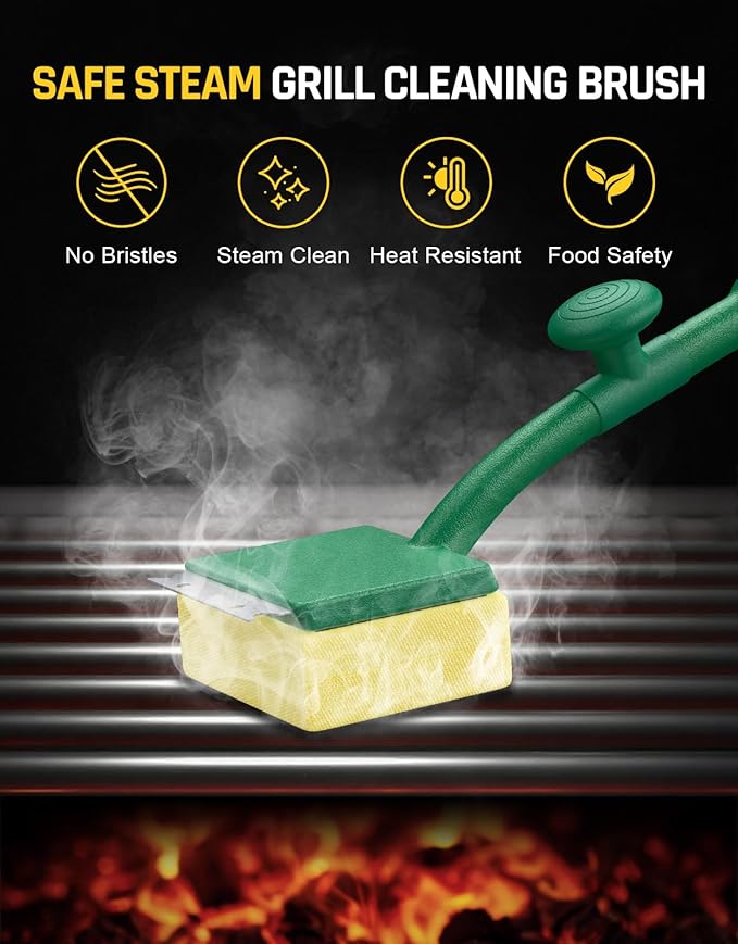Steam Grill Brush Bristle Free for Outdoor Grill, BBQ Grill Cleaning Brush with Scraper & Cleaning Pad, 15.7" Extra Long Safe Grill Cleaner, Barbecue Brush for Cast Iron/Stainless-Steel Grates