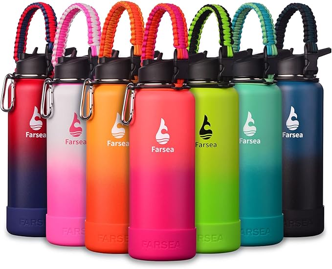 Farsea Insulated Water Bottle With Paracord Handle, Protective Silicone Boot and 2 Lids (Straw Lid & Spout Lid), Stainless Steel Water Bottle Wide Mouth, Double Wall Sweat-Proof BPA-Free, 40 oz