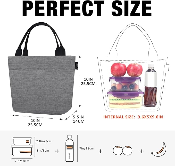 Aosbos Lunch Tote Bag, Insulated Lunch Box for Women, Leakproof Lunch Cooler Purse for Work, Grey