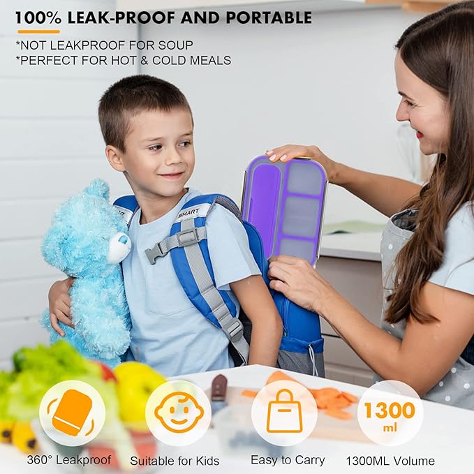 Bento Box, Lunch Box Kids, 1300ML with 4 Compartment&Food Picks Cake Cups, Containers for Adults/Kids/Toddler, Leak-Proof, Microwave/Dishwasher/Freezer Safe(Purple)