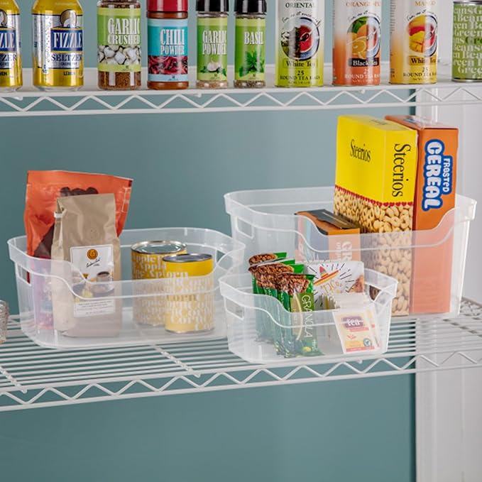 Sterilite 5.25x9.5x13 In Medium Polished Open Scoop Front Storage Bin w/Comfortable Carry Through Handles for Household Organization, Clear (16 Pack)